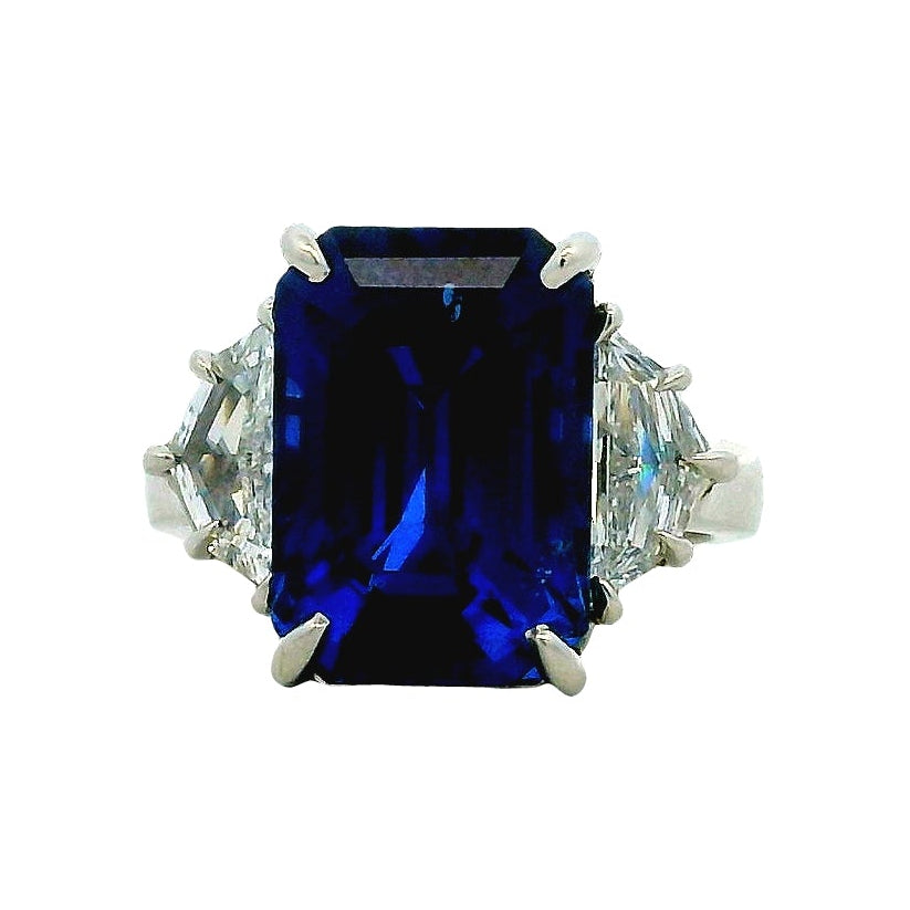 Platinum 10.15ct Emerald Cut Ceylon Royal Blue Sapphire and 0.82ctw Diamond Ring — top-down view