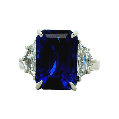 Platinum 10.15ct Emerald Cut Ceylon Royal Blue Sapphire and 0.82ctw Diamond Ring — top-down view