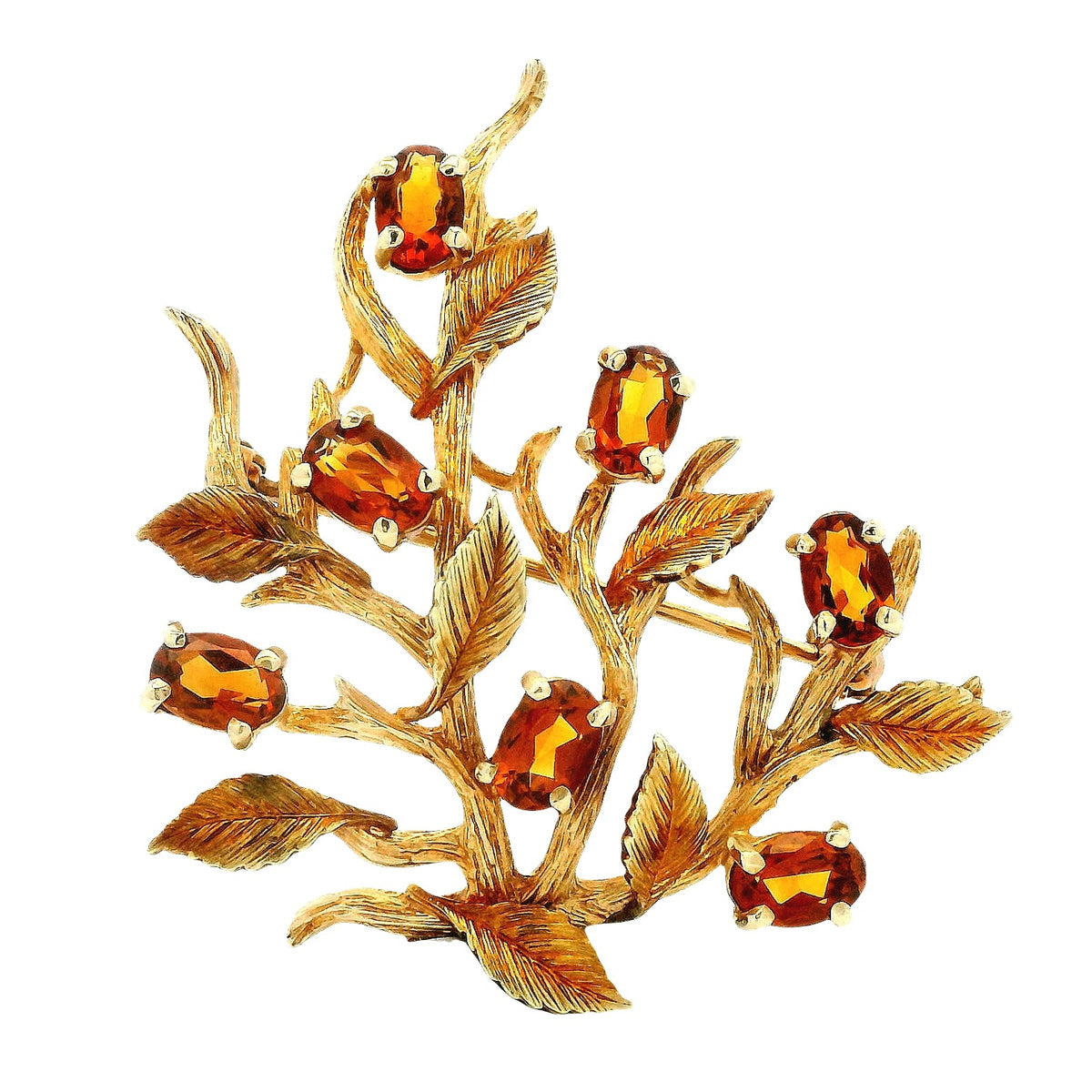 14k Yellow Gold Vintage Orange Gemstone Branch and Leaves Brooch Pin — top-down view