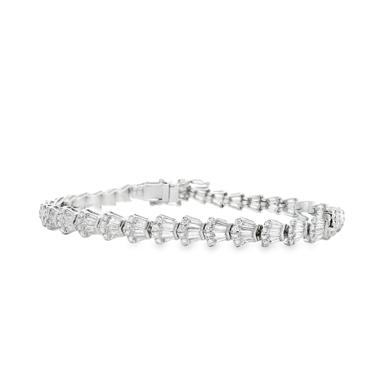 14k White Gold 5.05ctw Baguette Cut and Round Diamond Tennis Bracelet — front view, clasp closed