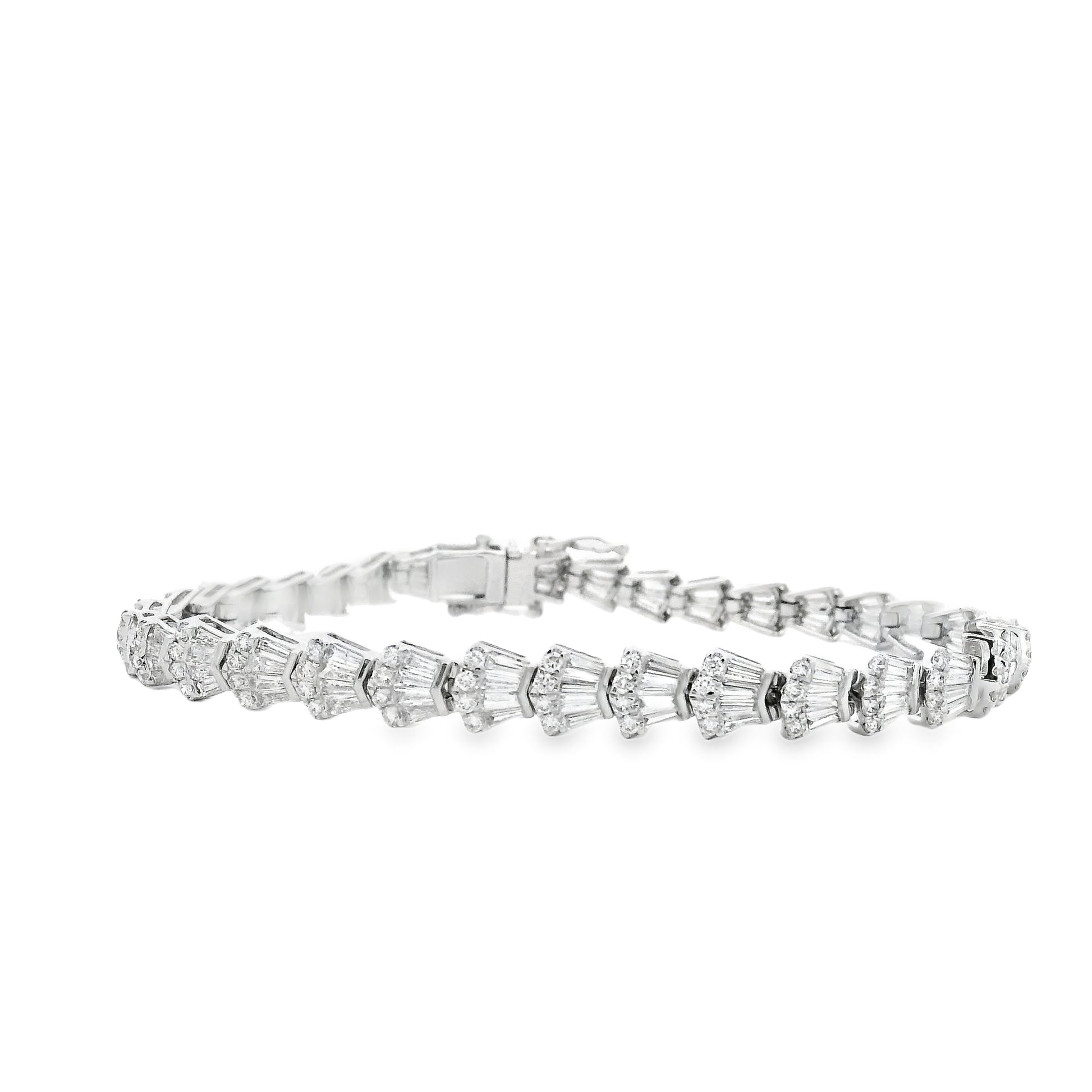 14k White Gold 5.05ctw Baguette Cut and Round Diamond Tennis Bracelet — front view, clasp closed