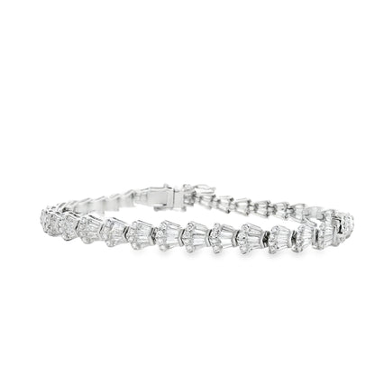 14k White Gold 5.05ctw Baguette Cut and Round Diamond Tennis Bracelet — front view, clasp closed