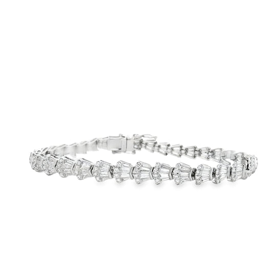 14k White Gold 5.05ctw Baguette Cut and Round Diamond Tennis Bracelet — front view, clasp closed