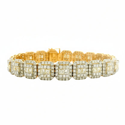 14k Yellow Gold 14.58ctw Princess Cut and Round Brilliant Diamond Cluster Tennis Bracelet — front view, clasp closed