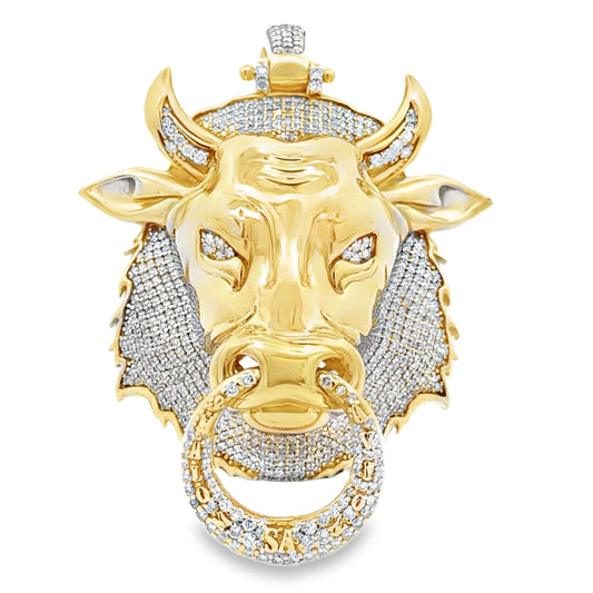 10k Yellow & White Gold Two-Tone Bull Head Pendant with 4ctw Pavé Diamonds — front view