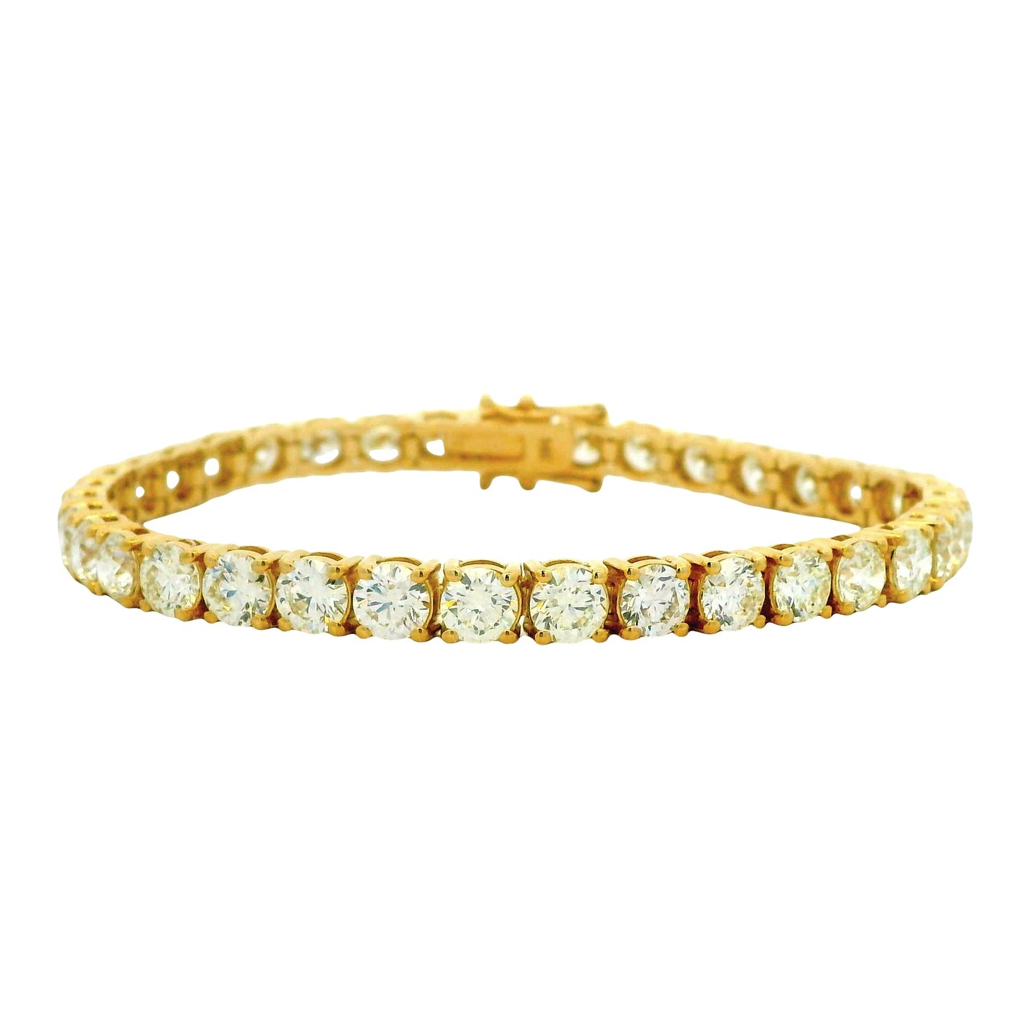 14k Yellow Gold 14.20ctw Natural Round Brilliant Diamond Tennis Bracelet — front view, clasp closed