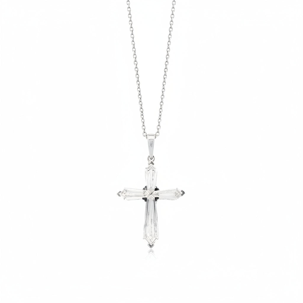 14k White Gold Lab-Grown Diamond Marquise Cross Pendant Necklace 17" — front view