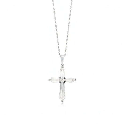 14k White Gold Lab-Grown Diamond Marquise Cross Pendant Necklace 17" — front view