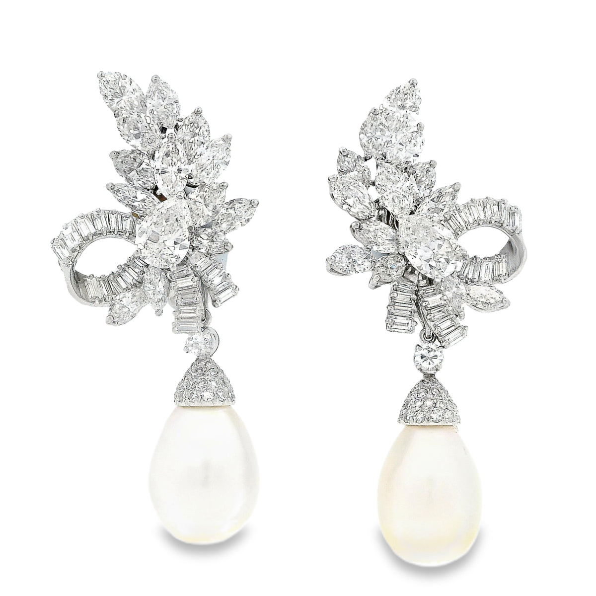 18k White Gold 15ctw Marquise Pear and Baguette Diamond Natural Drop Pearl Clip-On Earrings — front view, pair shown