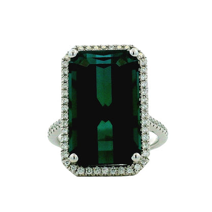 14k White Gold Blue Tourmaline and 0.34ctw Diamond Halo Ring — top-down view