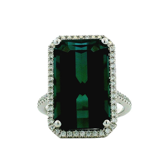 14k White Gold Blue Tourmaline and 0.34ctw Diamond Halo Ring — top-down view