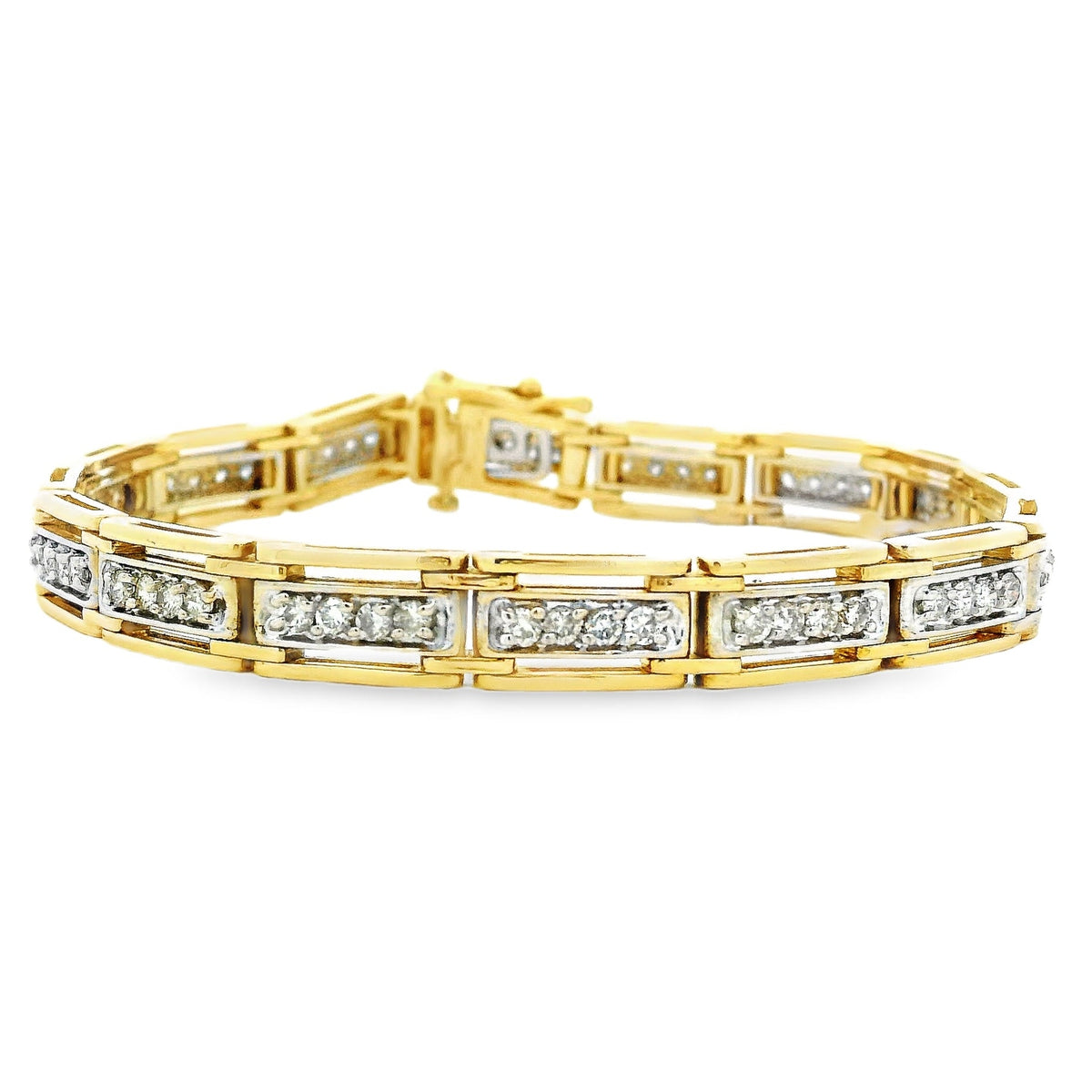 14k Yellow Gold 1.92ctw Round Brilliant Diamond Rectangular Tennis Link Bracelet — front view, clasp closed