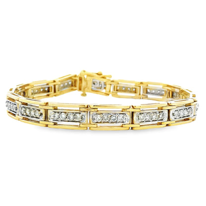 14k Yellow Gold 1.92ctw Round Brilliant Diamond Rectangular Tennis Link Bracelet — front view, clasp closed