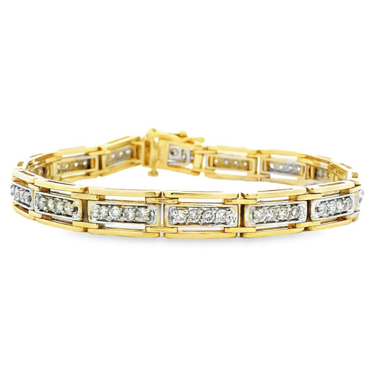 14k Yellow Gold 1.92ctw Round Brilliant Diamond Rectangular Tennis Link Bracelet — front view, clasp closed