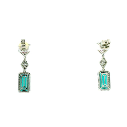 14k White Gold 6.52ctw Blue Tourmaline, Pink Sapphire, and Diamond Drop Earrings — front view, pair shown
