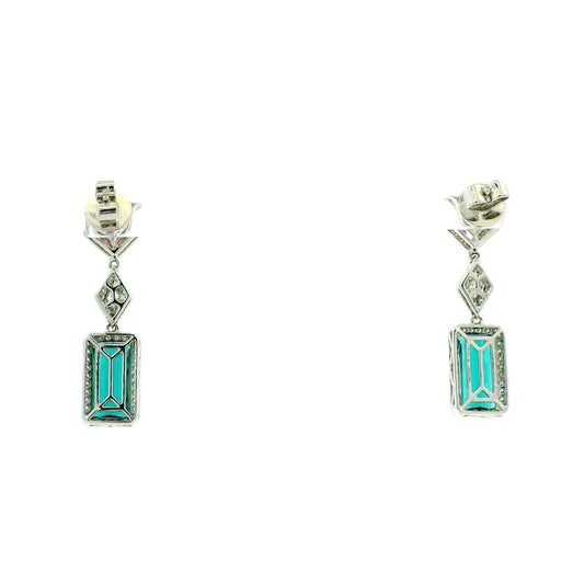 14k White Gold 6.52ctw Blue Tourmaline, Pink Sapphire, and Diamond Drop Earrings — front view, pair shown