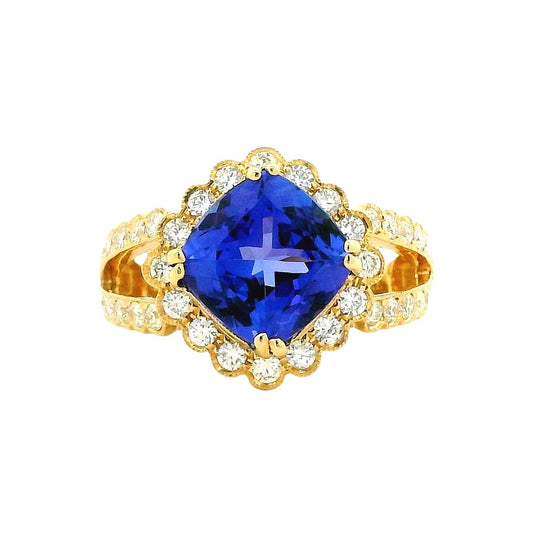 14k Yellow Gold 3.75ct Cushion Cut Tanzanite Halo Cocktail Ring — top-down view