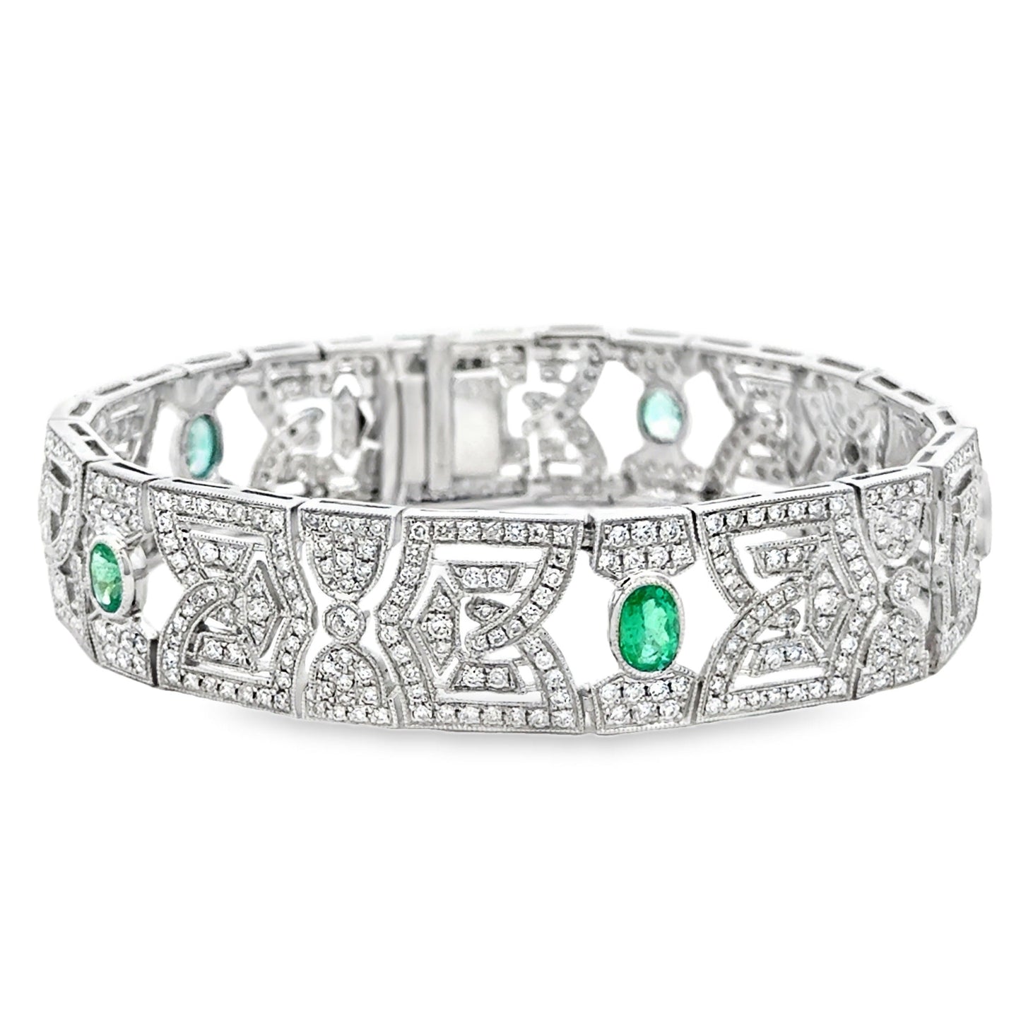 18k White Gold 4.47ctw Diamond Pavé and 0.83ct Emerald Art Deco Bracelet — front view, clasp closed