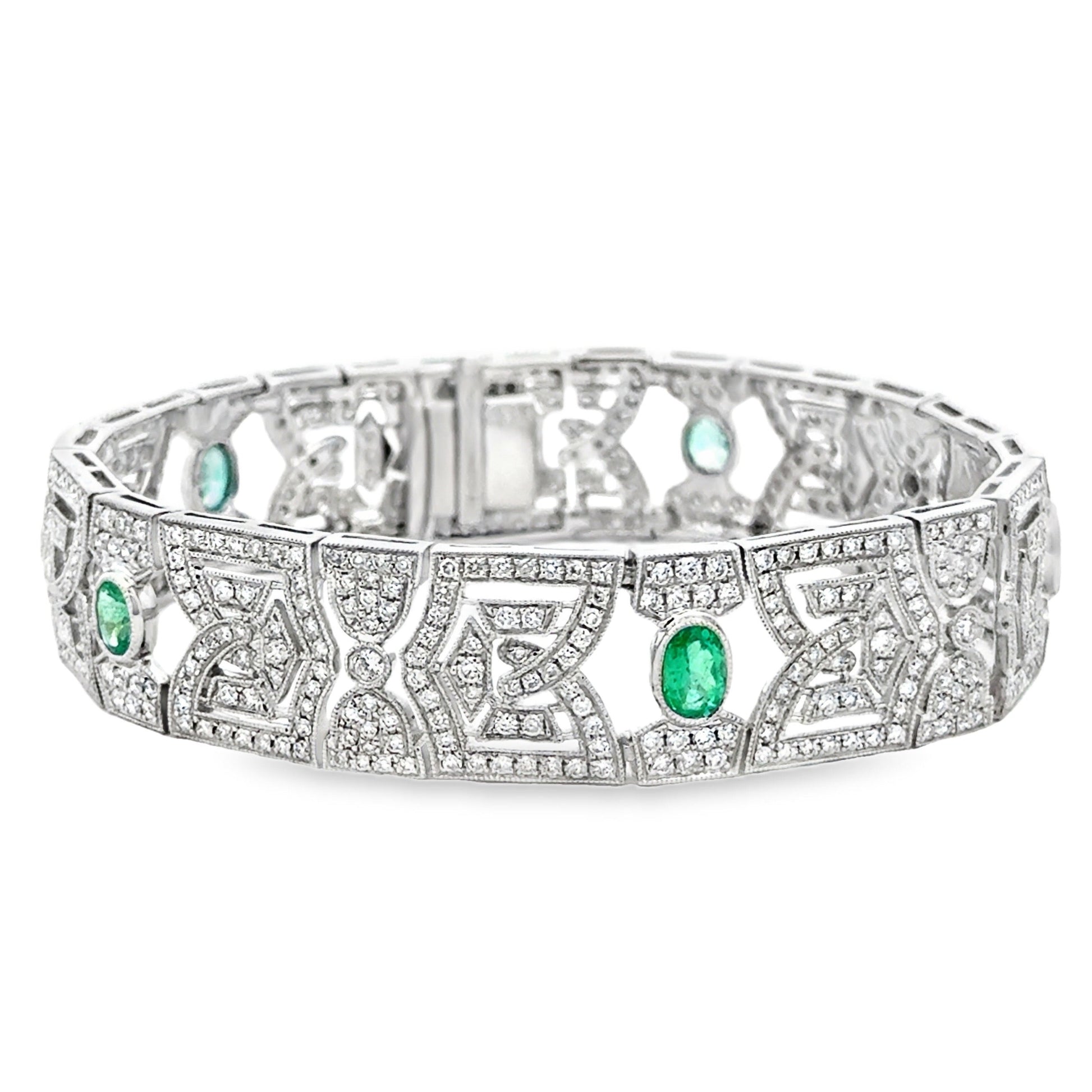 18k White Gold 4.47ctw Diamond Pavé and 0.83ct Emerald Art Deco Bracelet — front view, clasp closed