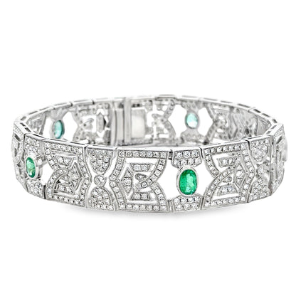 18k White Gold 4.47ctw Diamond Pavé and 0.83ct Emerald Art Deco Bracelet — front view, clasp closed