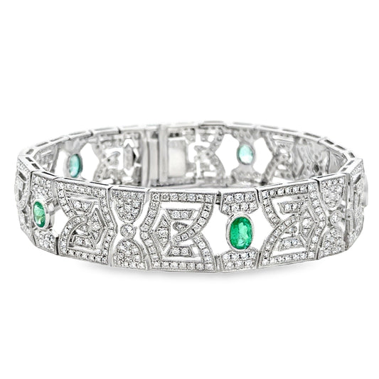 18k White Gold 4.47ctw Diamond Pavé and 0.83ct Emerald Art Deco Bracelet — front view, clasp closed