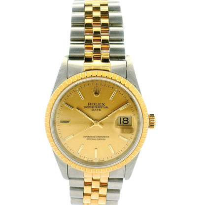 Rolex 15223 Datejust 34mm Champagne Dial Two Tone Jubilee Watch — front view