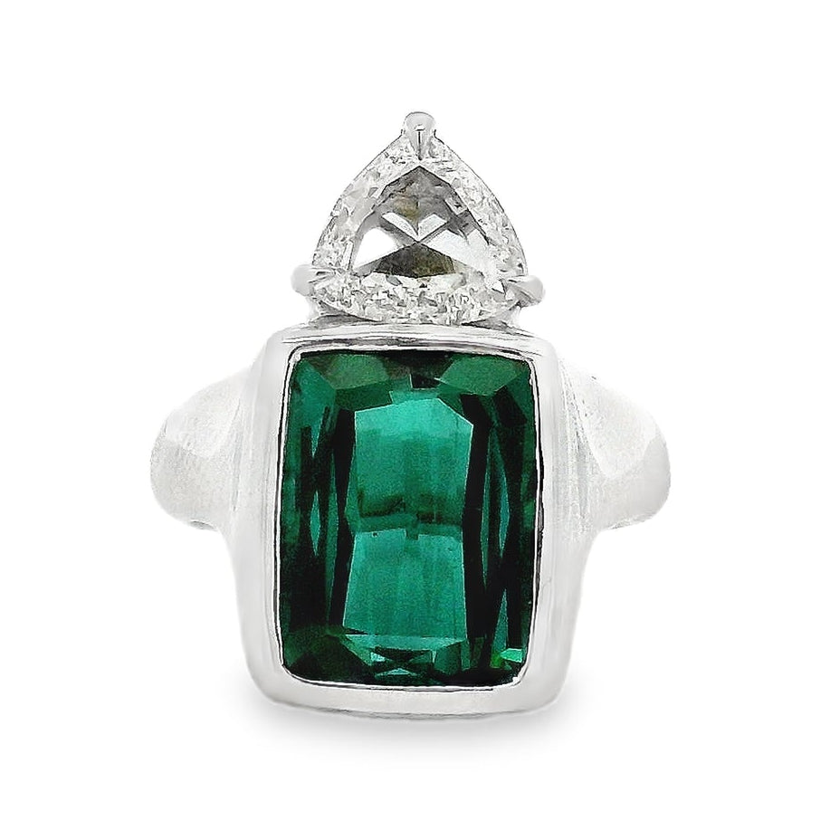 Platinum 4ct Tourmaline and 0.90ctw Trilliant Cut Diamond Ring — top-down view