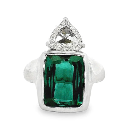 Platinum 4ct Tourmaline and 0.90ctw Trilliant Cut Diamond Ring — top-down view