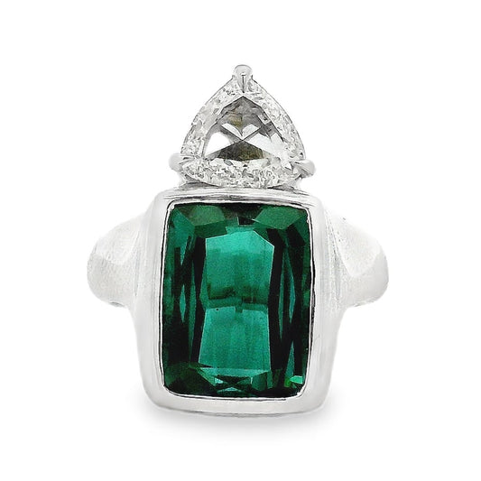 Platinum 4ct Tourmaline and 0.90ctw Trilliant Cut Diamond Ring — top-down view