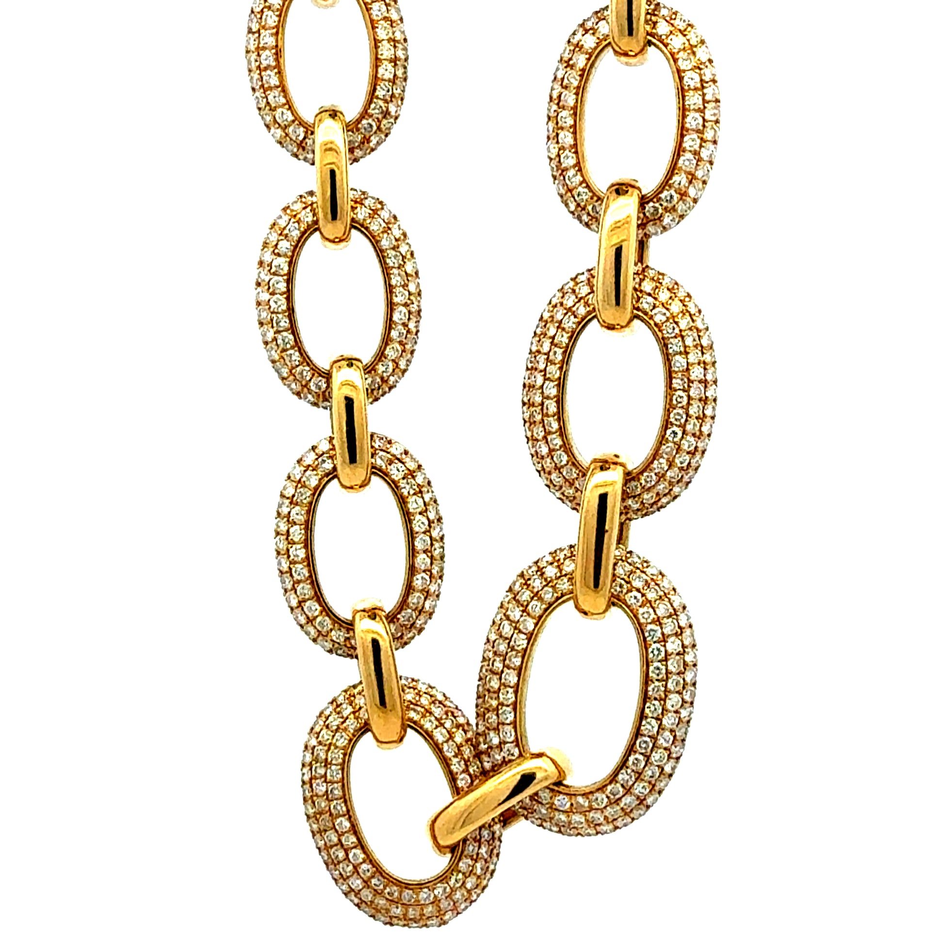 18k Yellow Gold 89.6ctw Pavé Natural Diamond Oval Link Necklace — front view