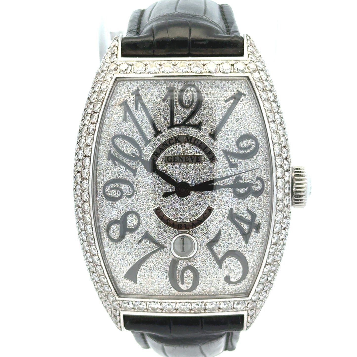 Franck Muller Casablanca 8880 Stainless Steel Diamond Dial & Bezel Black Leather Strap Watch — front view