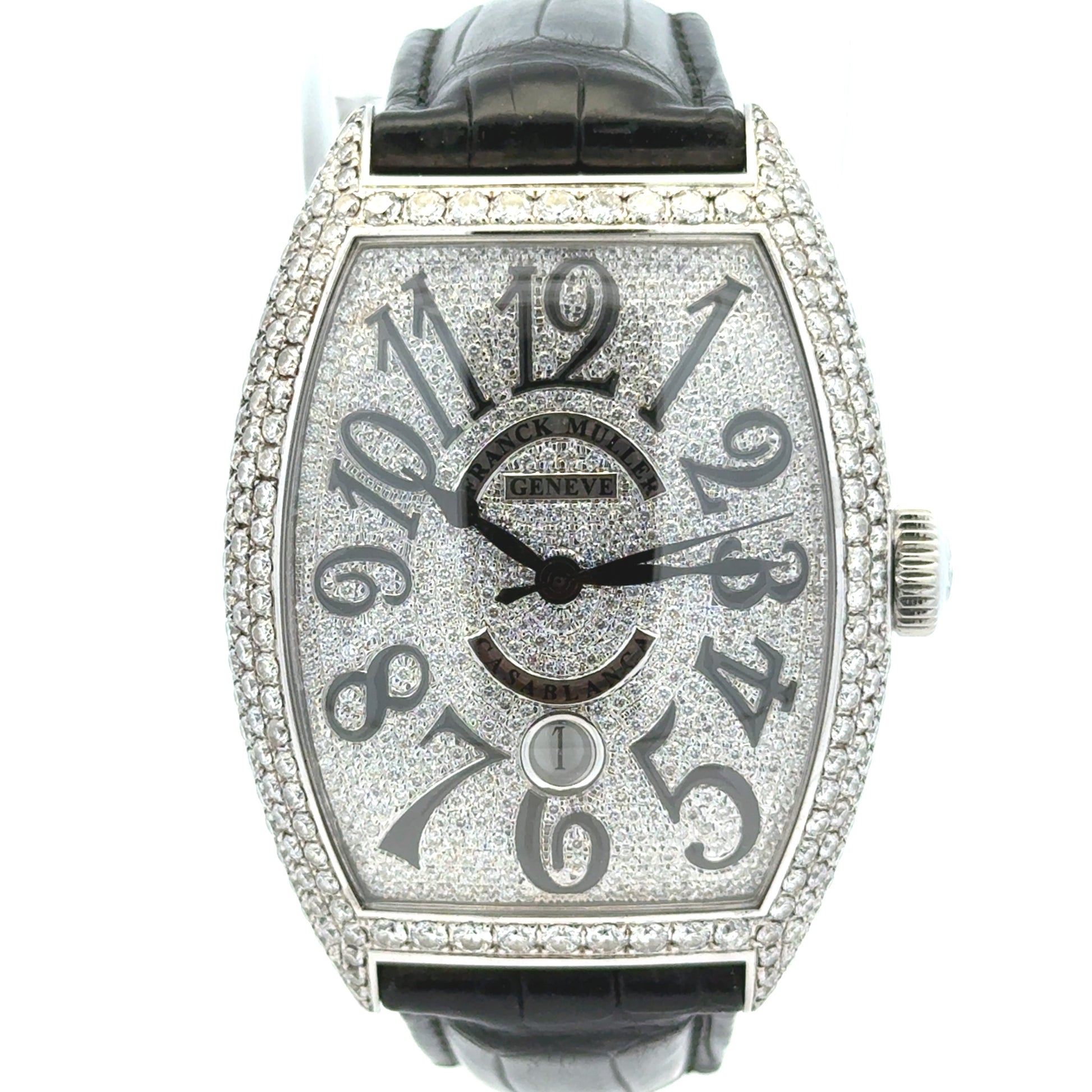 Franck Muller Casablanca 8880 Stainless Steel Diamond Dial & Bezel Black Leather Strap Watch — front view