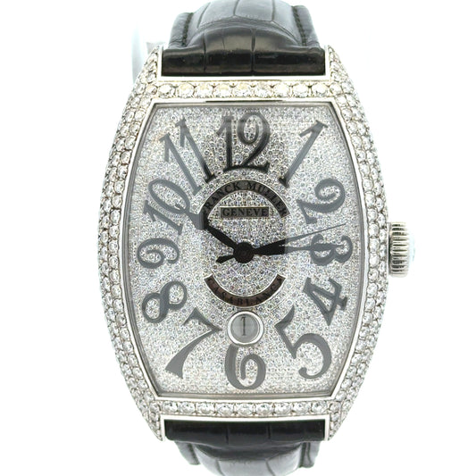 Franck Muller Casablanca 8880 Stainless Steel Diamond Dial & Bezel Black Leather Strap Watch — front view