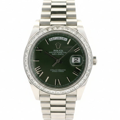 Rolex 228396TBR Day-Date 40mm Platinum Olive Green Roman Dial Watch — front view