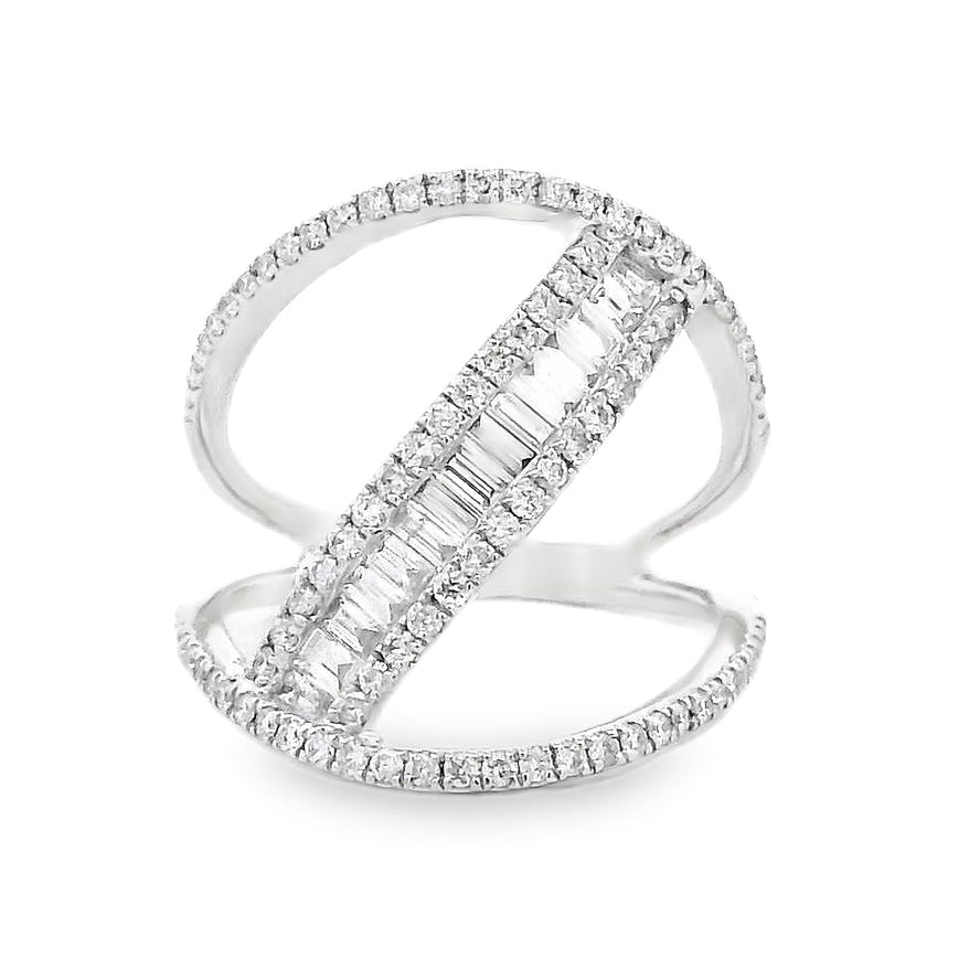 14k White Gold 0.90ctw Baguette and Round Brilliant Diamond Bypass Ring — top-down view
