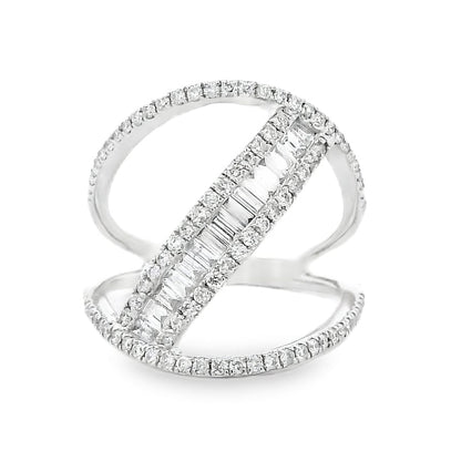 14k White Gold 0.90ctw Baguette and Round Brilliant Diamond Bypass Ring — top-down view