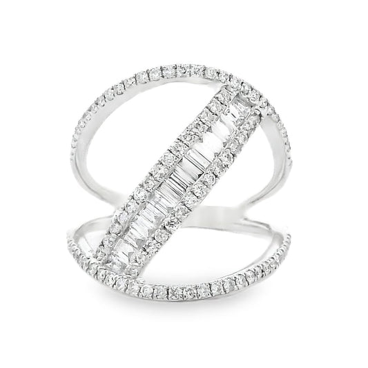 14k White Gold 0.90ctw Baguette and Round Brilliant Diamond Bypass Ring — top-down view