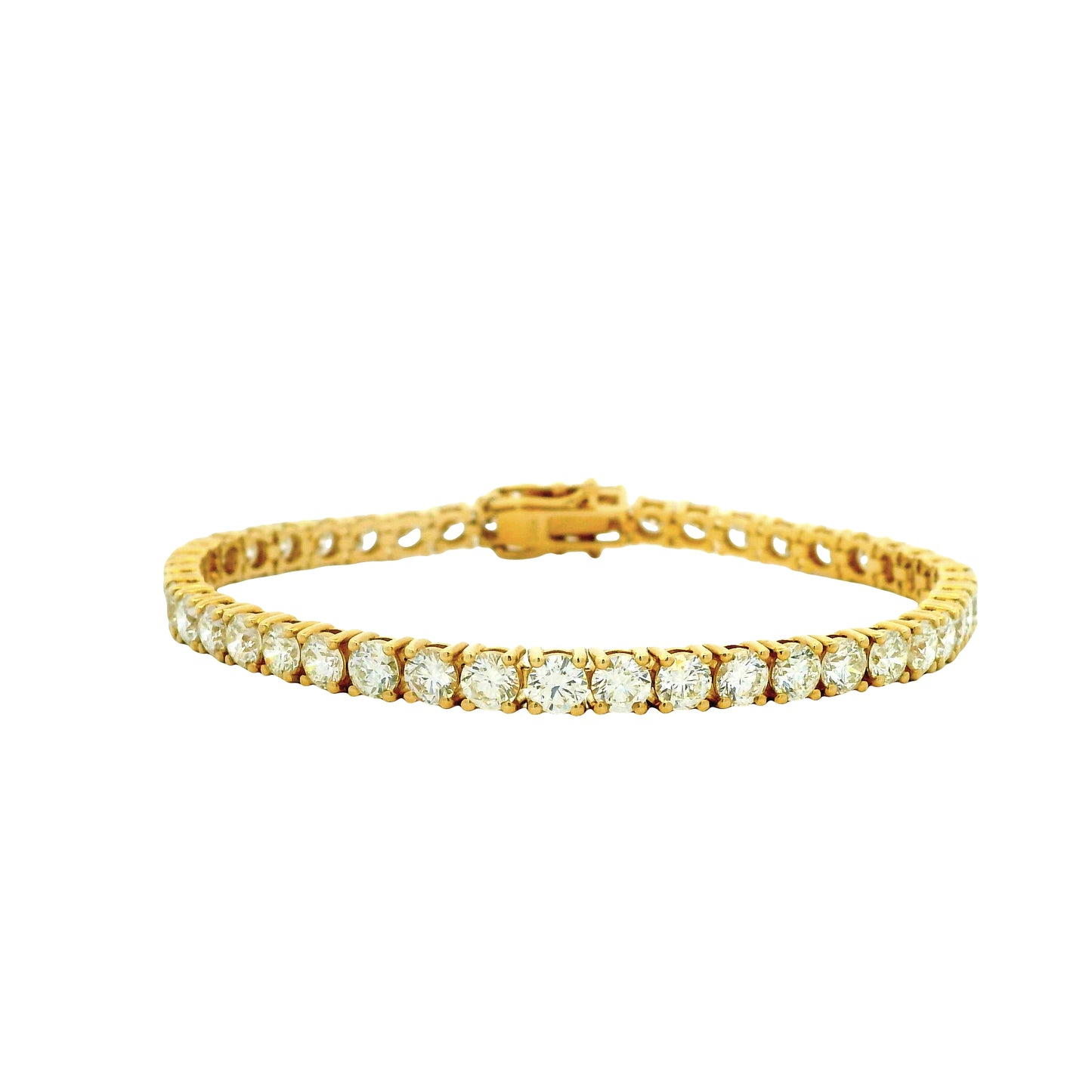 14k Yellow Gold 9.70ctw Round Brilliant Natural Diamond Tennis Bracelet — front view, clasp closed