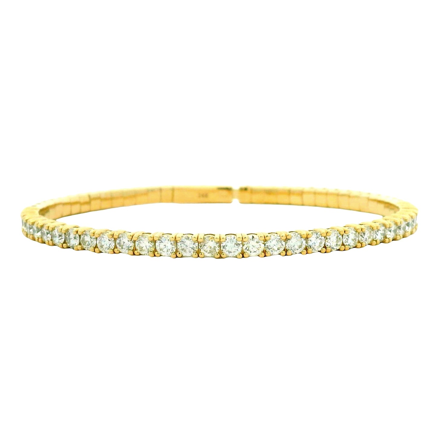 14k Yellow Gold 3.15ctw Round Brilliant Diamond Halfway Bangle Bracelet — front view, clasp closed