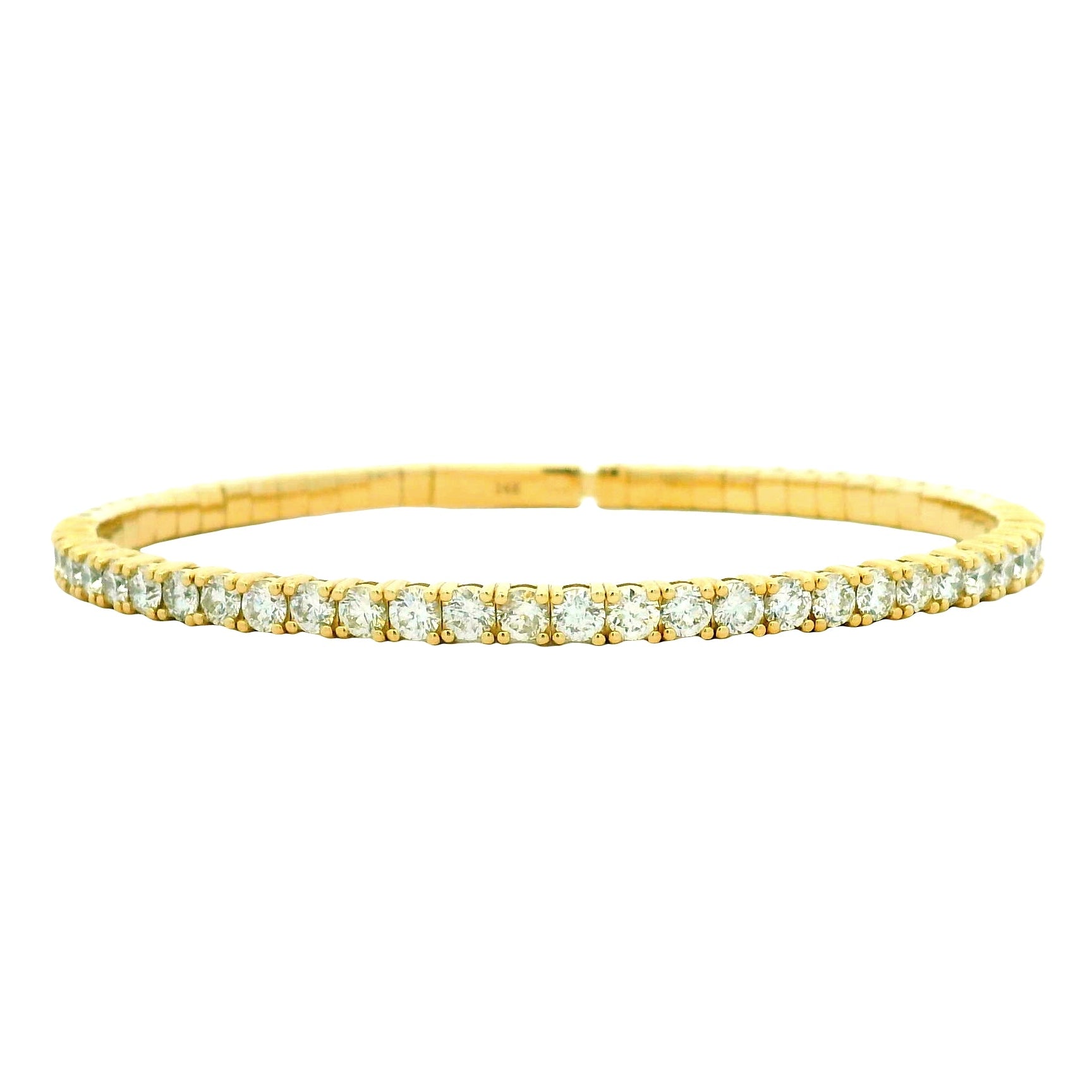 14k Yellow Gold 3.15ctw Round Brilliant Diamond Halfway Bangle Bracelet — front view, clasp closed