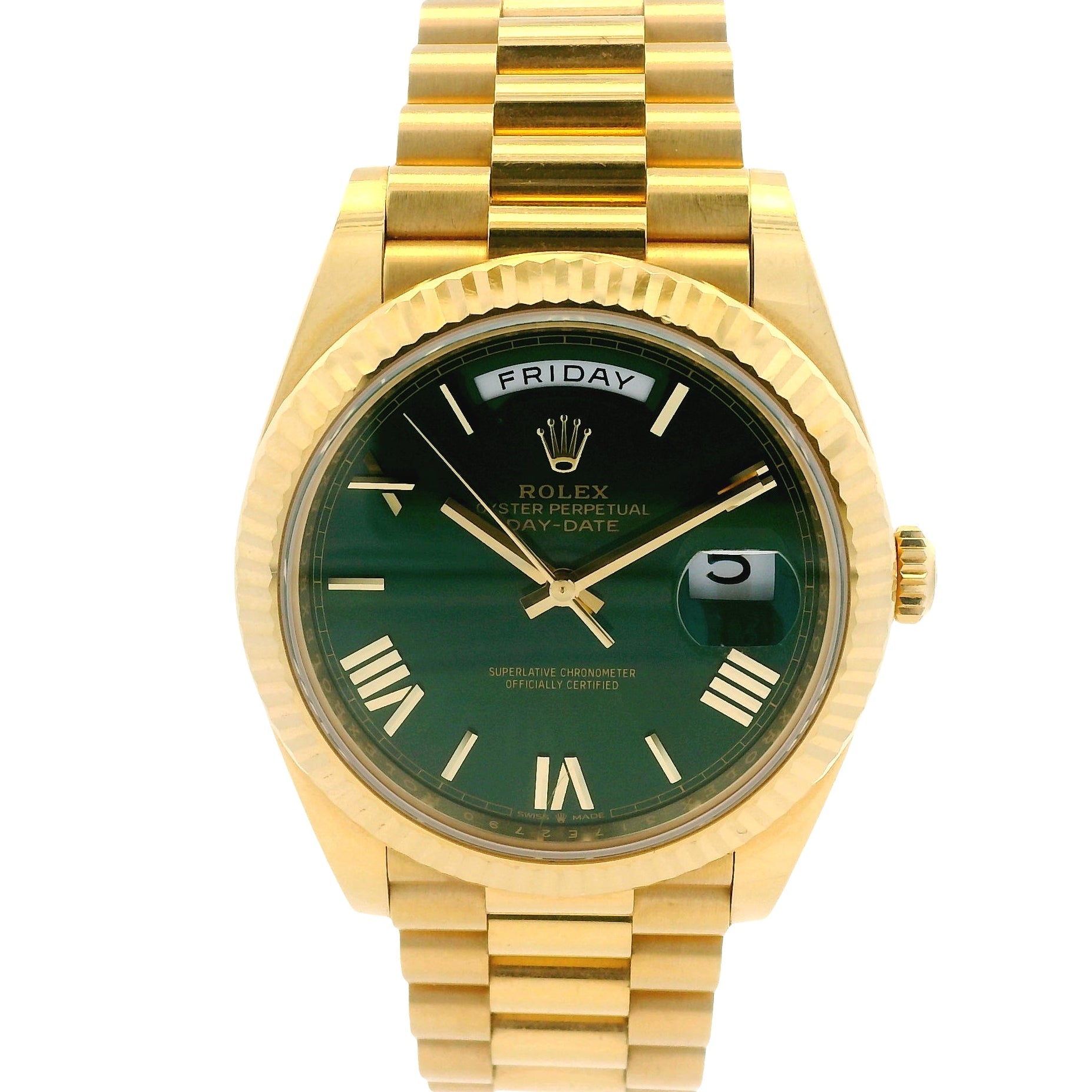 Rolex 228238 Day-Date 40 40mm Green Roman Dial 18k Yellow Gold Watch — front view
