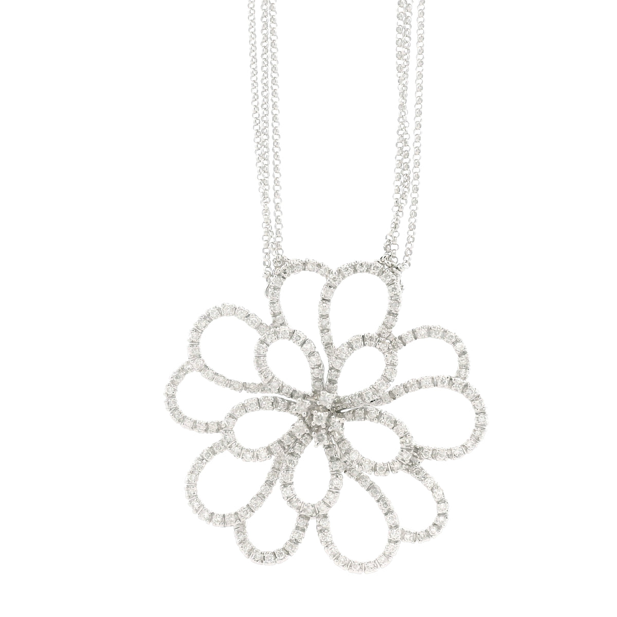 14k White Gold 2.5ctw Round Brilliant Diamond Pavé Floral Pendant Multi-Strand Necklace 18" — front view