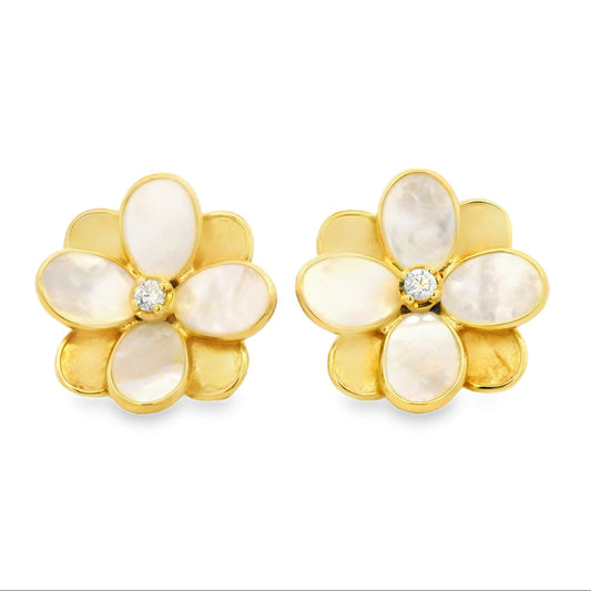 Marco Bicego 18k Yellow Gold 0.60ctw Diamond and Mother of Pearl Petali Flower Stud Earrings — front view, pair shown