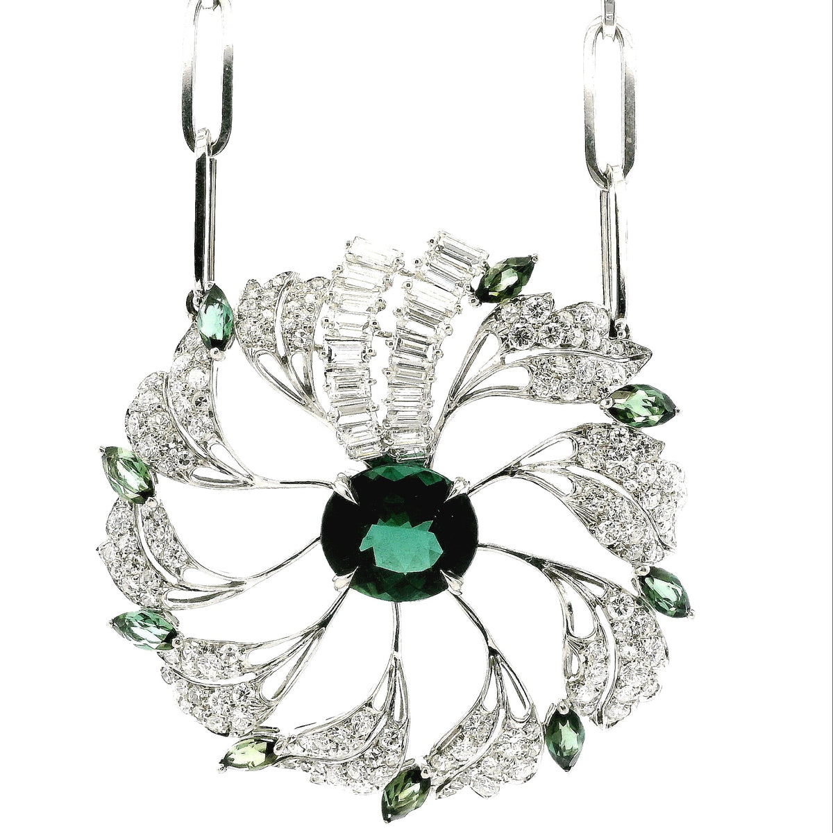 18k White Gold Tourmaline & 4.5ctw Diamond Floral Cluster Statement Paper Clip Necklace 25.5" — front view