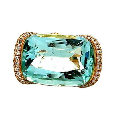 18k Yellow Gold 17.68ct Cushion Cut Aquamarine Halo Cocktail Ring — top-down view