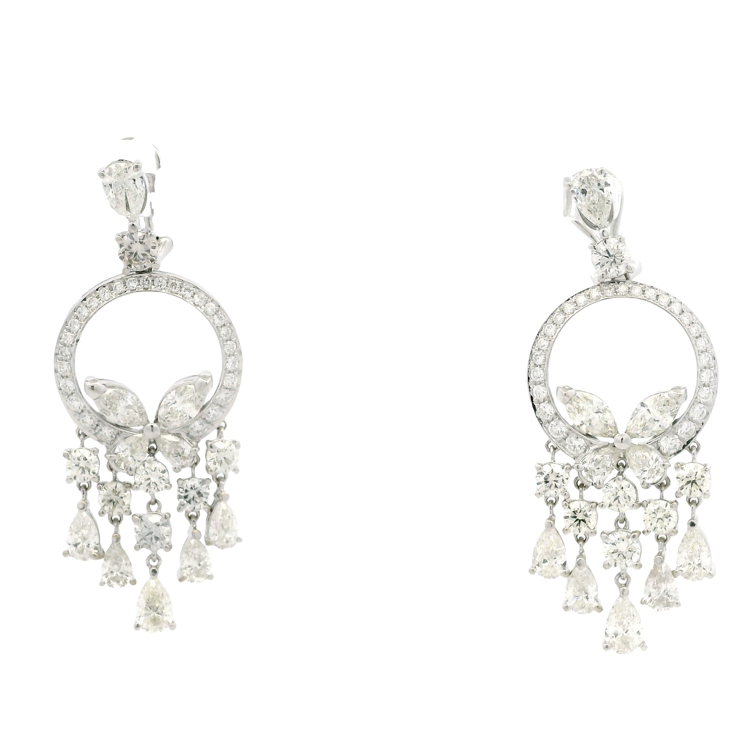 18k White Gold 13.35ctw Marquise, Pear & Round Brilliant Diamond Drop Earrings — front view, pair shown