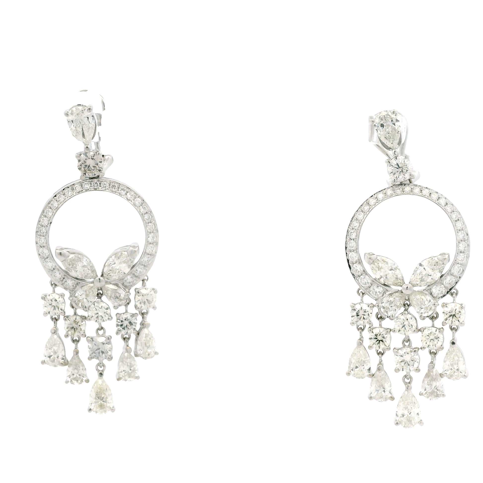 18k White Gold 13.35ctw Marquise, Pear & Round Brilliant Diamond Drop Earrings — front view, pair shown