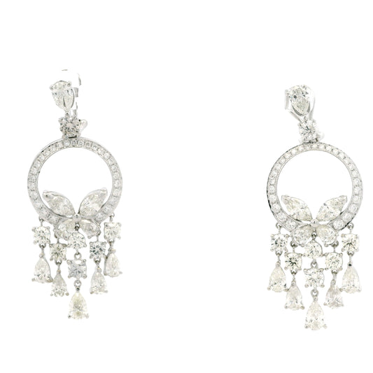 18k White Gold 13.35ctw Marquise, Pear & Round Brilliant Diamond Drop Earrings — front view, pair shown