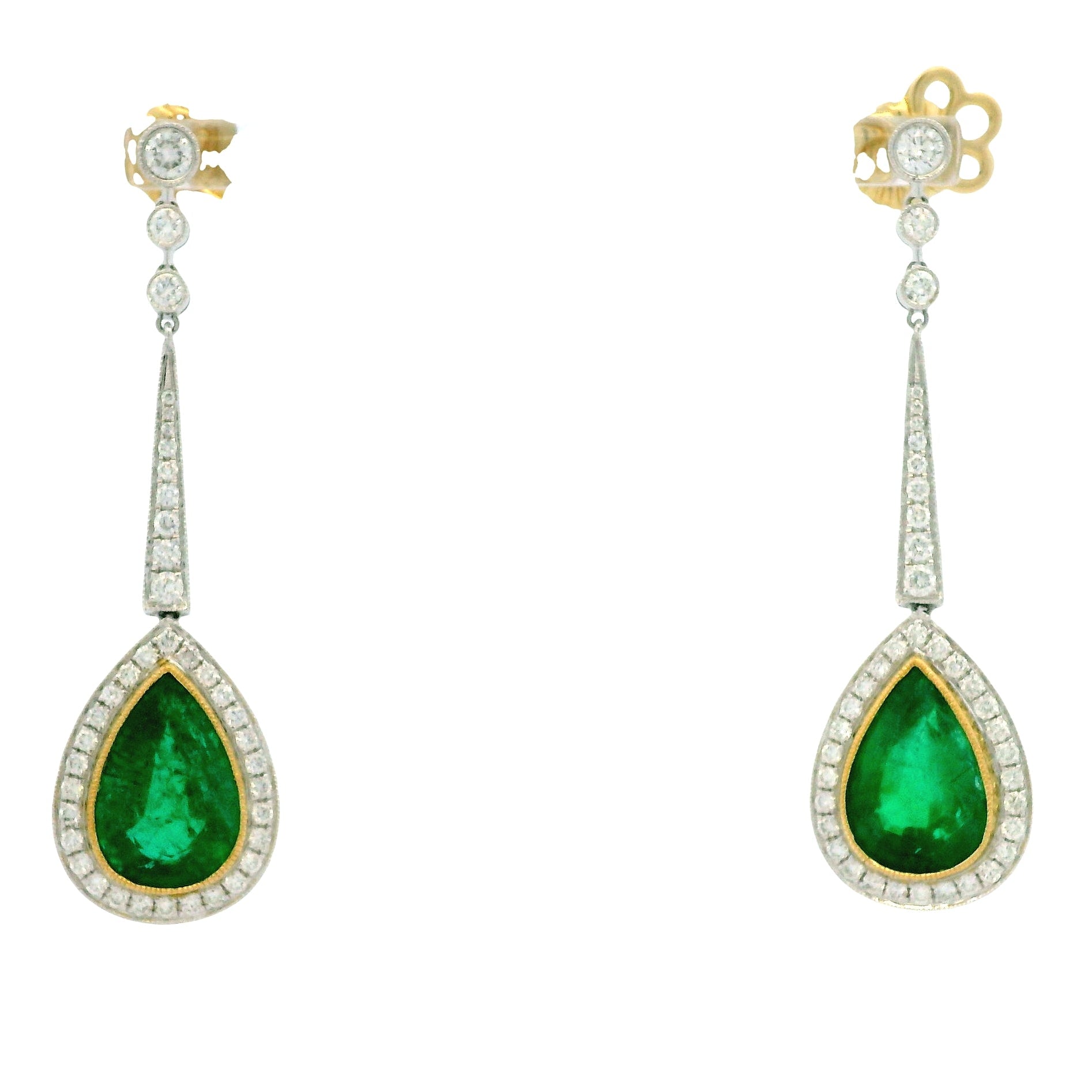 18k White Gold 11.51ct Emerald and 1.54ctw Round Brilliant Diamond Drop Earrings — front view, pair shown
