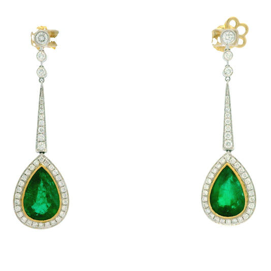 18k White Gold 11.51ct Emerald and 1.54ctw Round Brilliant Diamond Drop Earrings — front view, pair shown